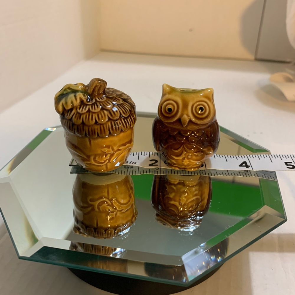 Cracker Barrel salt and pepper shake OWL and ACORN set 2” X 1.2” with stoppers